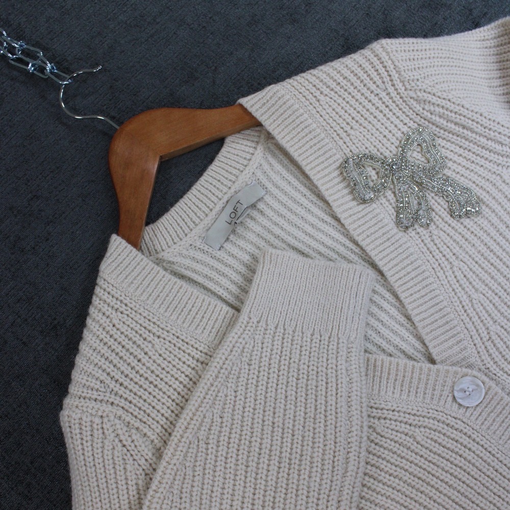 Loft Cream Shaker Rib Knit Cardigan Embellished Rhinestone Bow Sweater Medium